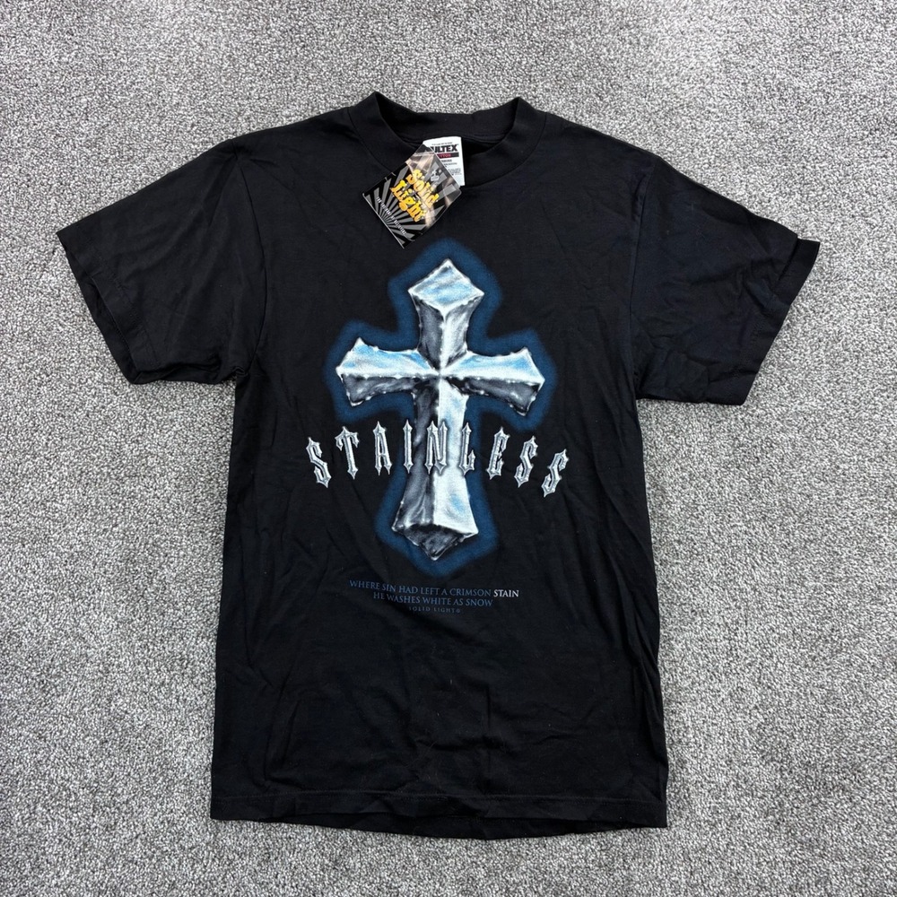 NWT Vintage Solid Light Jesus Shirt Mens Small Black Iron Cross Religion USA